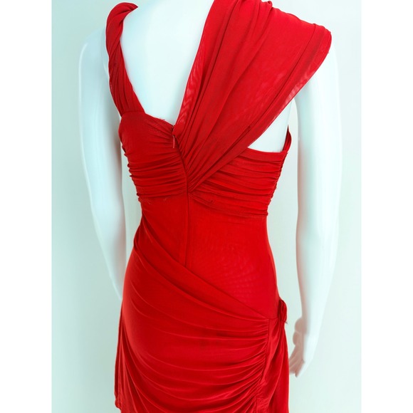 RONNY KOBO Red One Shoulder Ruched Mesh Mismatched Sleeve Slit Midi Dress M - Picture 10 of 10